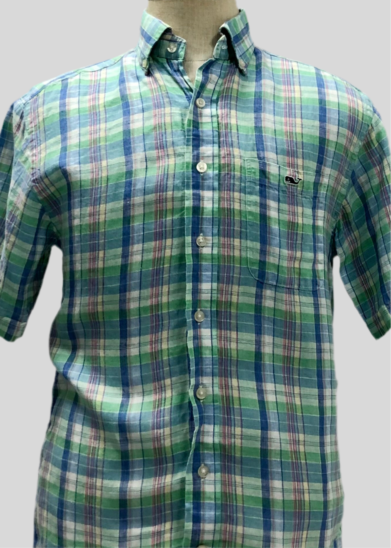 Camisa de cuadros Vineyard Vines 🐳 de lino con cuadros en color verde, azul y rosado Talla S Entalle Regular