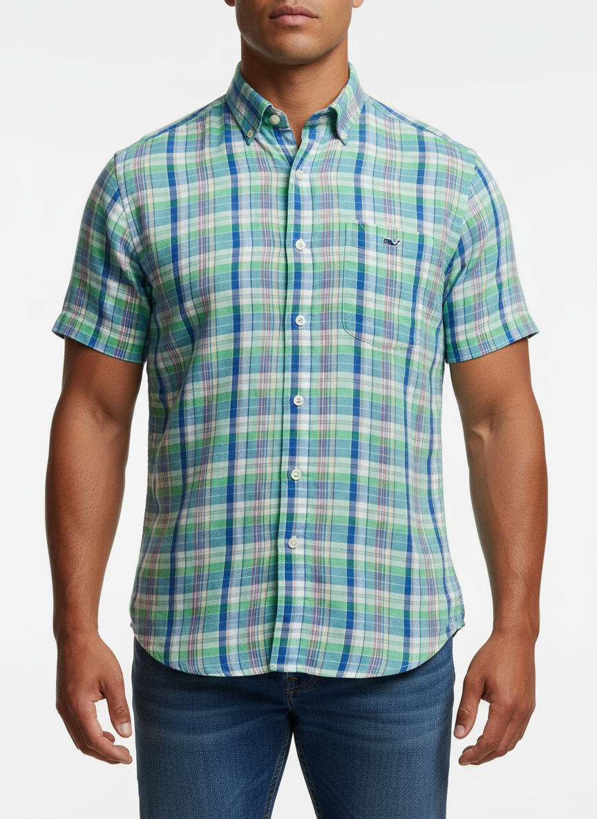Camisa de cuadros Vineyard Vines 🐳 de lino con cuadros en color verde, azul y rosado Talla S Entalle Regular
