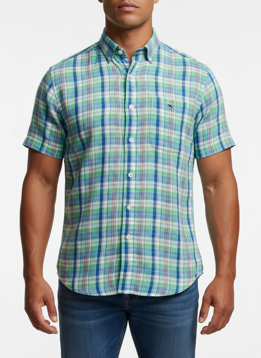 Camisa de cuadros Vineyard Vines 🐳 de lino con cuadros en color verde, azul y rosado Talla S Entalle Regular