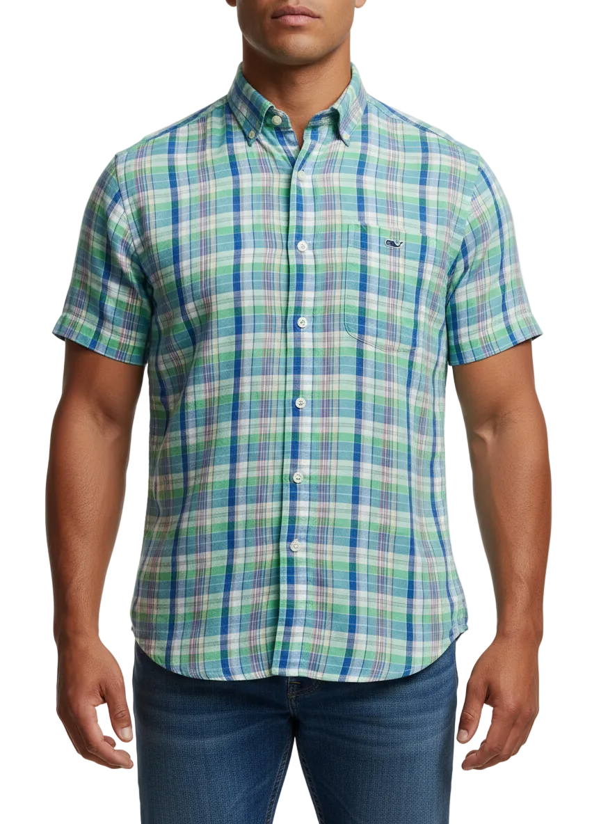 Camisa de cuadros Vineyard Vines 🐳 de lino con cuadros en color verde, azul y rosado Talla S Entalle Regular