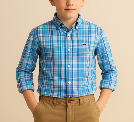 Camisa de niño Vineyard Vines 🐳 con patrón de cuadros en color verde, amarillo, azul y blanco Talla M (12-14) Entalle Regular