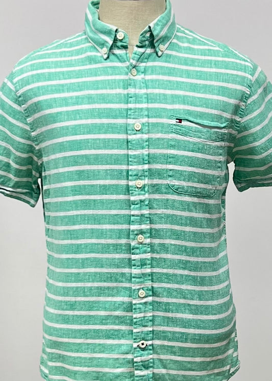 Camisa de botones Tommy Hilfiger 🇺🇸 de lino de rayas en color verde y blanco Talla M Entalle Custom Fit