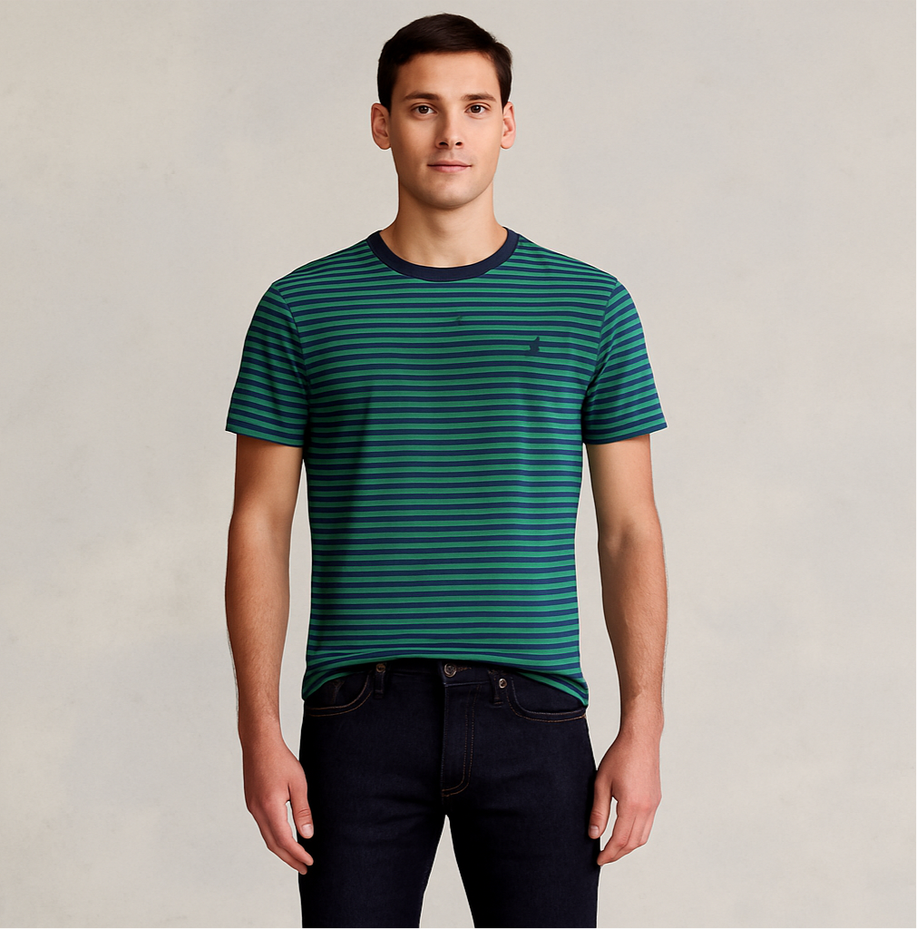 Camiseta cuello Redondo Polo Ralph Lauren 🏇🏼 con patrón de rayas en color verde y azul Talla Medium Custom slim fit