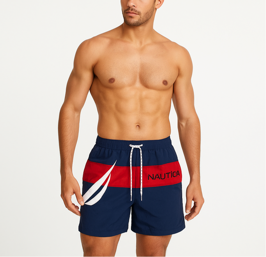 Short de baño color azul navy con franjas en color rojo y logo en color blanco Nautica ⚓️ talla M