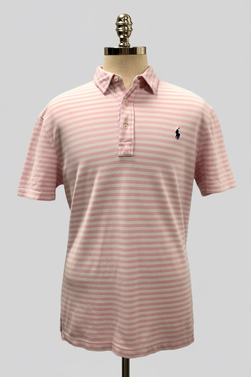 Camiseta Polo Ralph Lauren 🏇🏼 Featherweight Mesh De rayas en color rosado y blanco Talla XL Entalle Regular