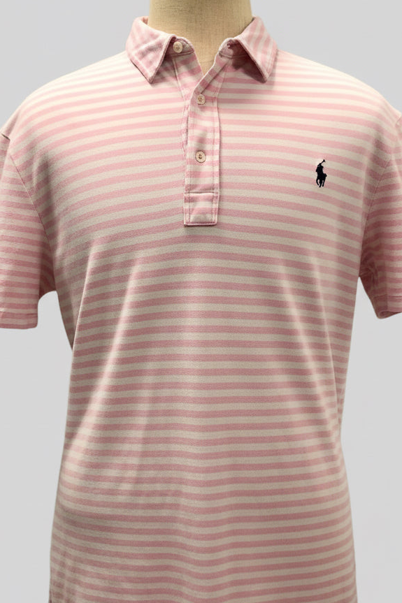 Camiseta Polo Ralph Lauren 🏇🏼 Featherweight Mesh De rayas en color rosado y blanco Talla XL Entalle Regular