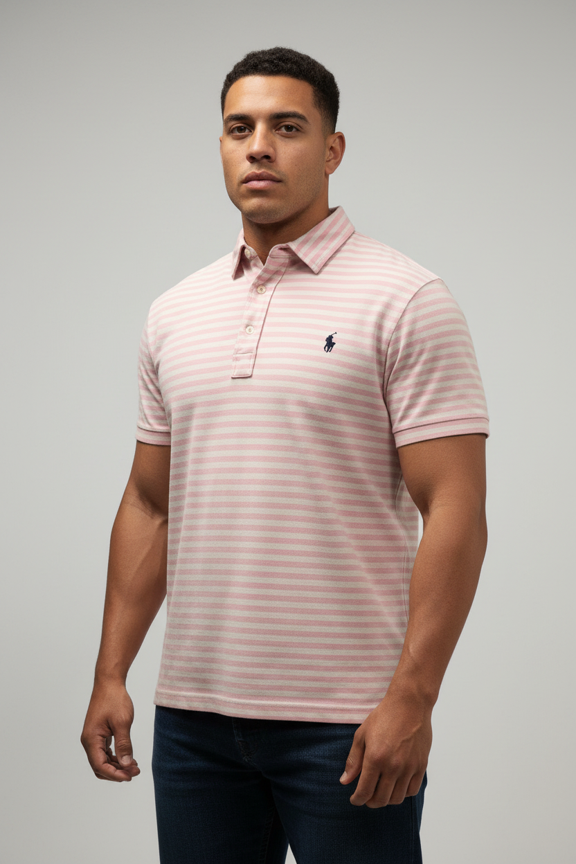 Camiseta Polo Ralph Lauren 🏇🏼 Featherweight Mesh De rayas en color rosado y blanco Talla XL Entalle Regular
