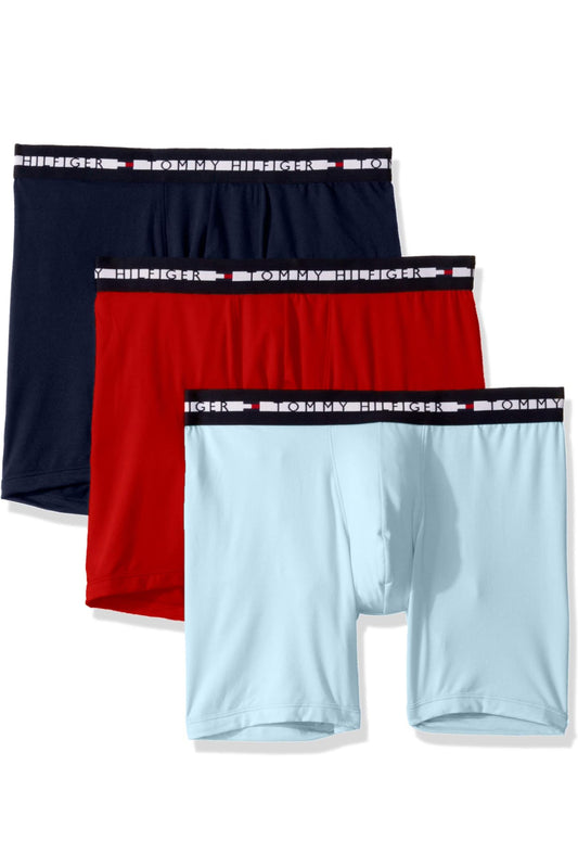 Paquete de 3 Boxer Briefs Tommy Hilfiger 🇺🇸 TH Comfort+ Tela Microfibra color rojo oscuro, negro y celeste Talla M