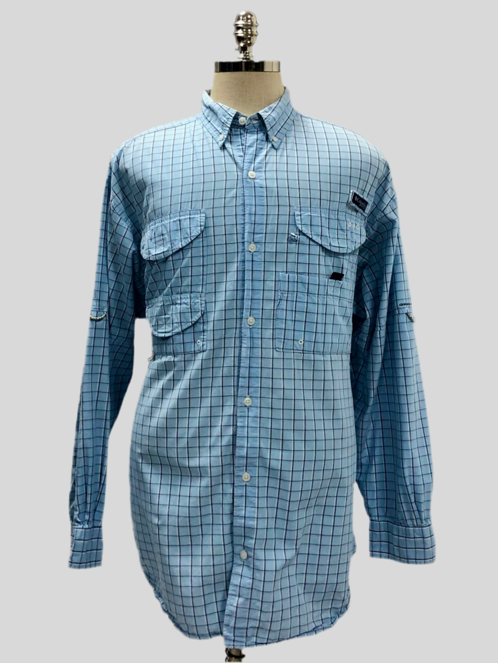 Camisa Columbia 🔹 Modelo Super Bonehead con patrón de cuadros en celeste, negro y blanco Manga larga Talla XL