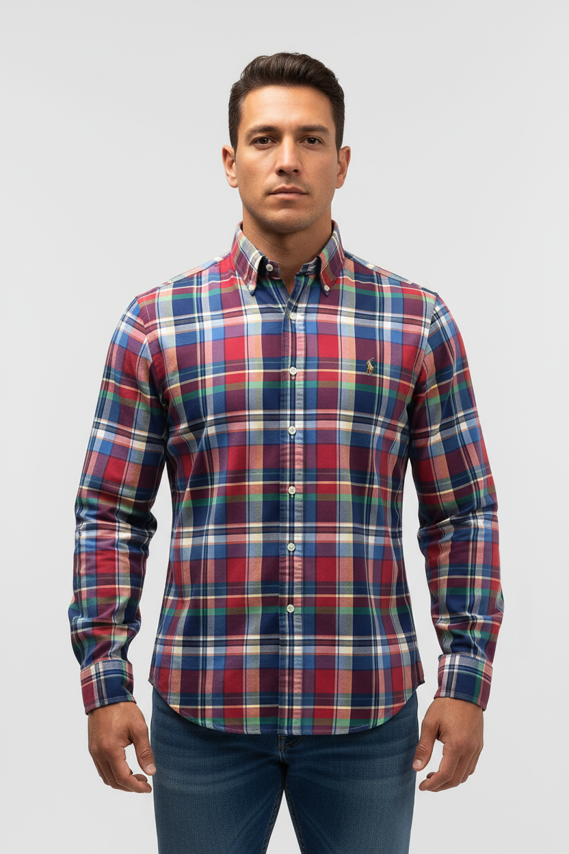 Camisa de botones Polo Ralph Lauren 🏇🏼 Oxford de cuadros tartán en color azul, verde y rojo Talla L Entalle Regular