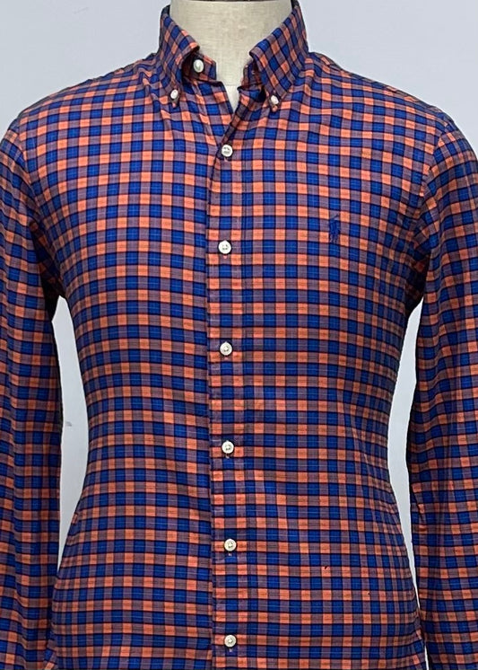 Camisa Polo Ralph Lauren 🏇🏼 color azul navy con cuadros naranja Talla S Entalle Regular