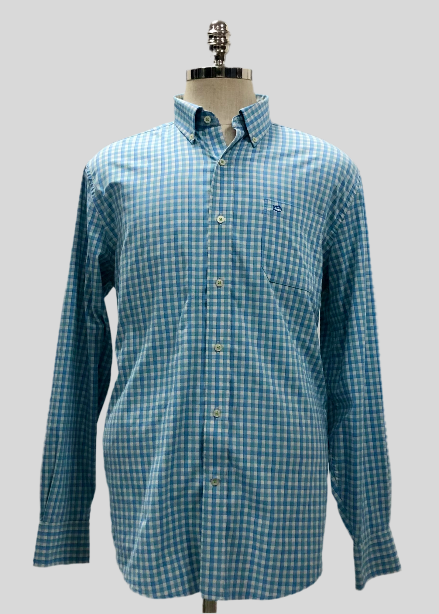 Camisa de botones Southern Tide 🐟 Performance con patron de cuadros en color celeste, verde y blanco Talla L Entalle Regular