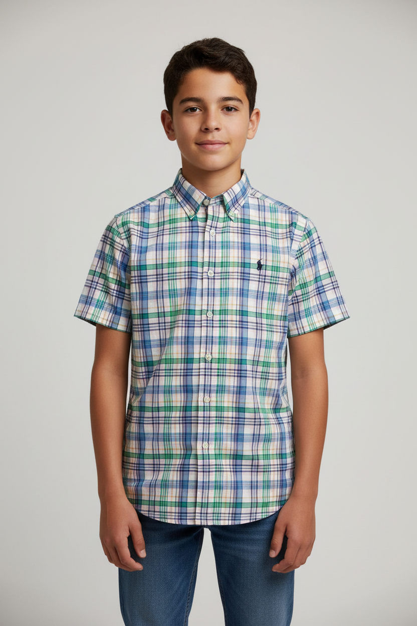 Camisa de niño Polo Ralph Lauren 🏇🏼 color blanco con patron de cuadros en celeste, verde, amarillo y rosado Talla L (14-16) Entalle Regular