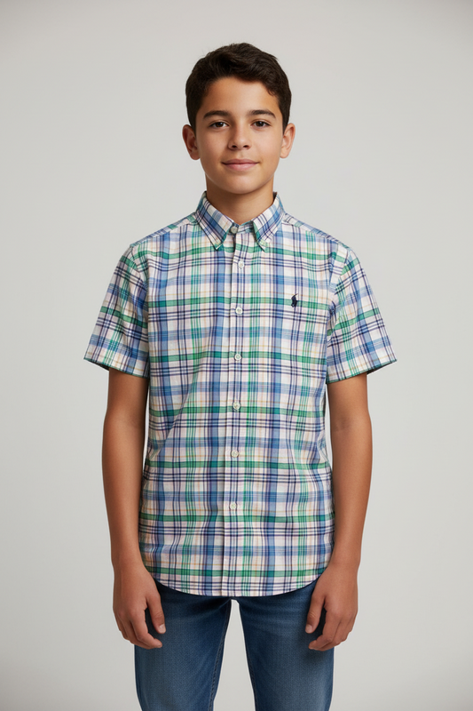 Camisa de niño Polo Ralph Lauren 🏇🏼 color blanco con patron de cuadros en celeste, verde, amarillo y rosado Talla L (14-16) Entalle Regular