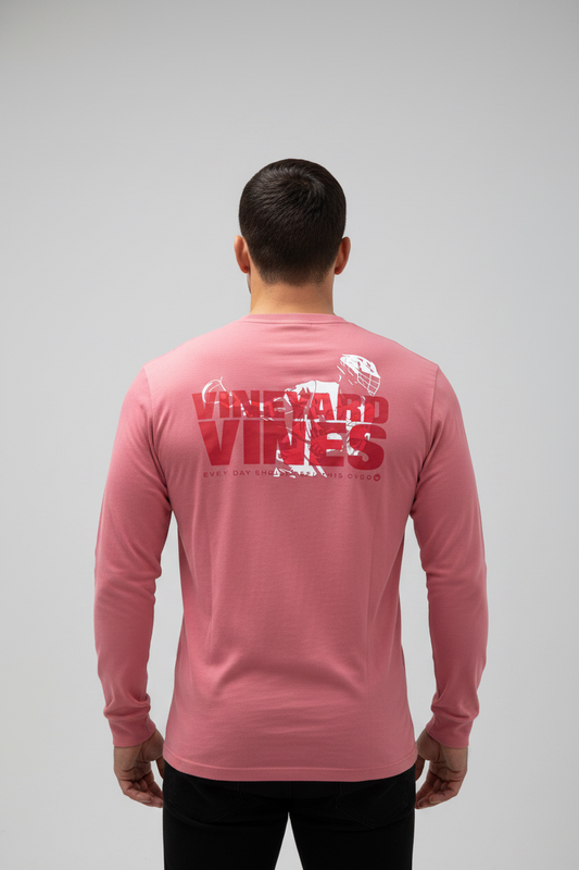 Camiseta de bolsillo Vineyard Vines 🐳 color rosado magenta con Diseño de Lacrosse Talla L