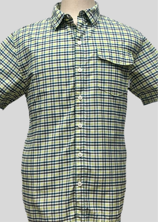 Camisa Columbia 🔹 Color blanco de cuadros en verde claro y oscuro Manga corta Talla L (ver descripción)