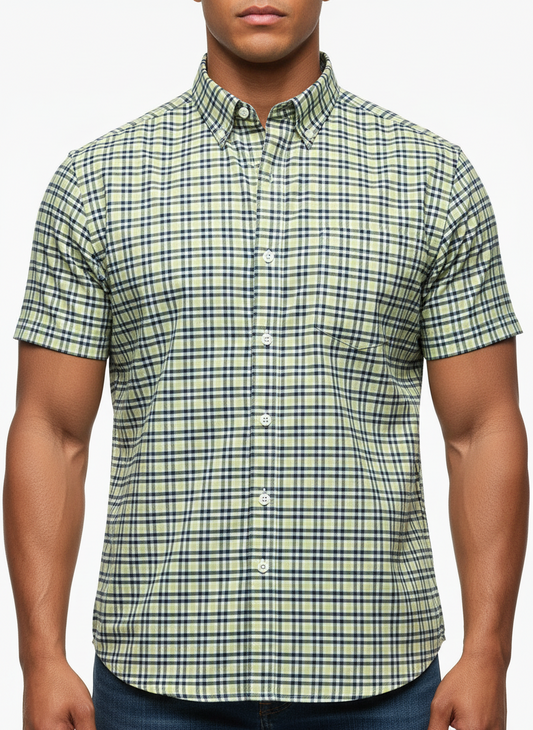 Camisa Columbia 🔹 Color blanco de cuadros en verde claro y oscuro Manga corta Talla L (ver descripción)