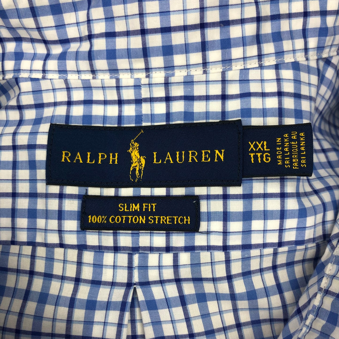 Camisa Polo Ralph Lauren 🏇🏼 color blanco con patrón de cuadros azul y celeste Talla XXL Entalle Slim Fit