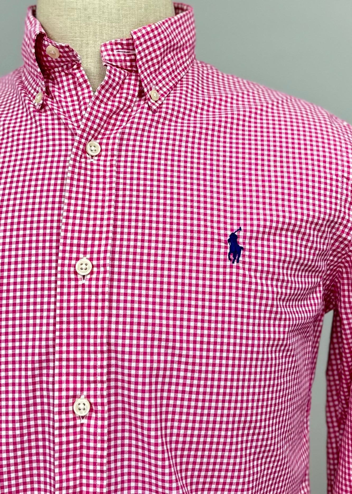 Camisa Polo Ralph Lauren 🏇🏼 con patron de cuadros gingham rosado y blanco Talla L Entalle Regular