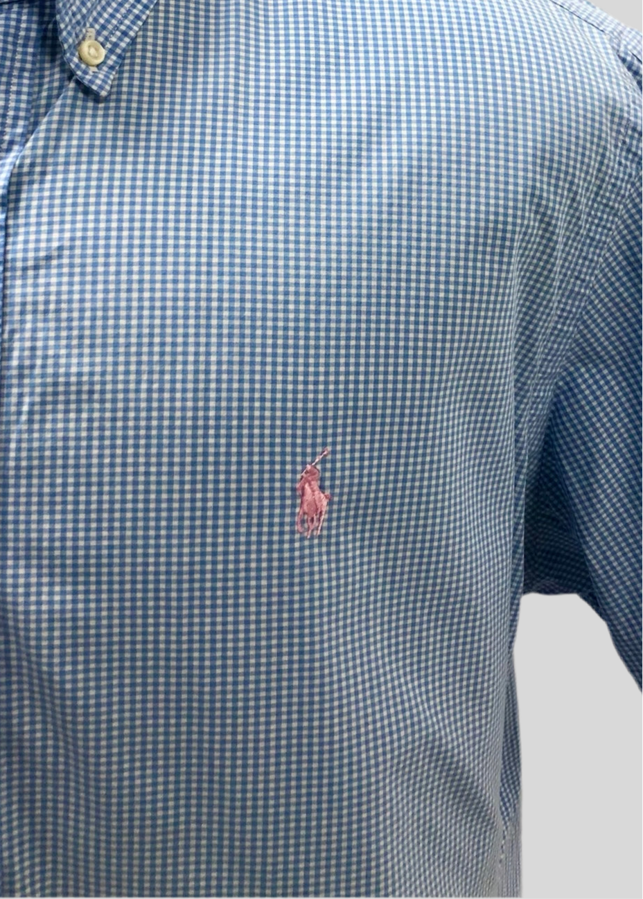 Camisa Polo Ralph Lauren 🏇🏼 con patrón de cuadros finos en celeste y blanco Talla XL Entalle Regular (ver descripción)
