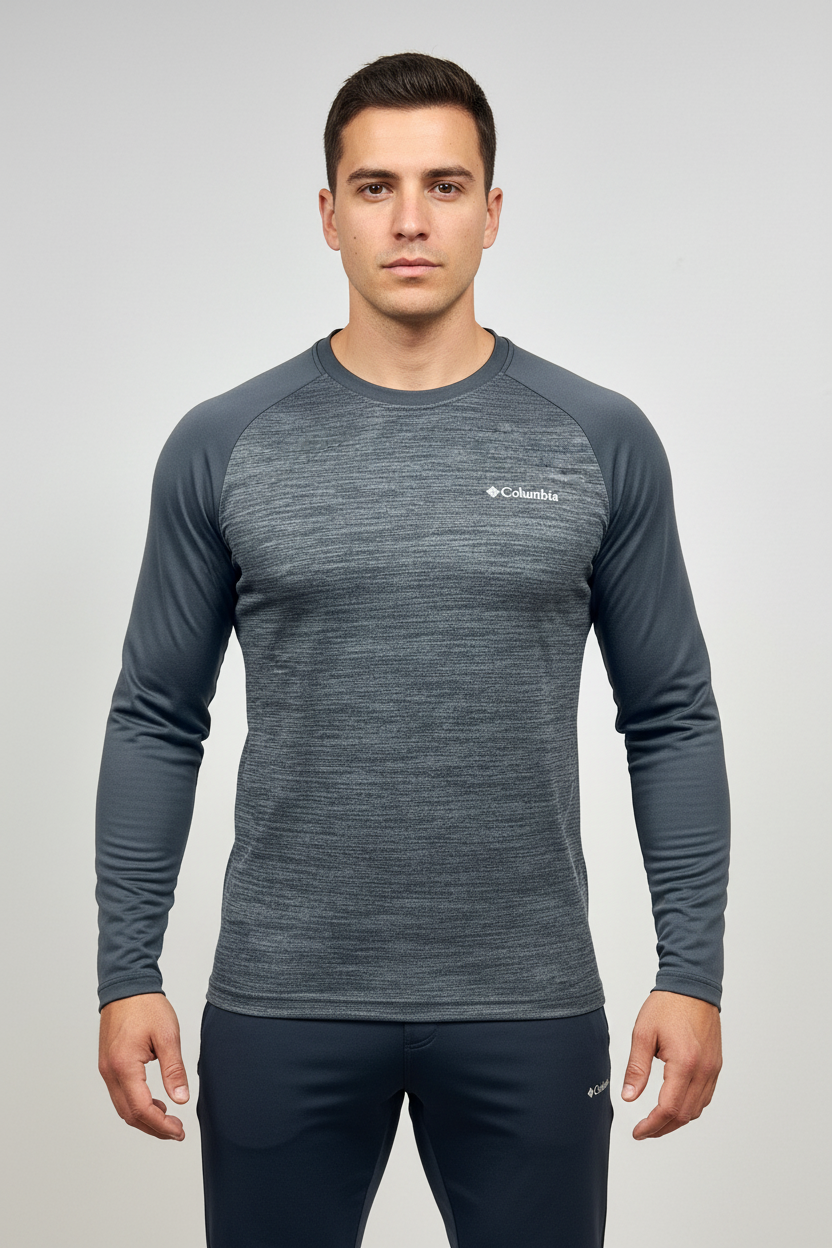 Camiseta cuello redondo Columbia 🔷 color gris con diseño degradado manga larga Talla S