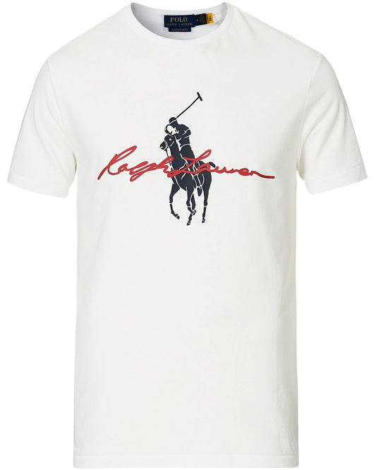 Camiseta cuello redondo Polo Ralph Lauren 🏇🏼 color blanco con diseño de logo en azul y rojo Talla Medium Entalle Clásico