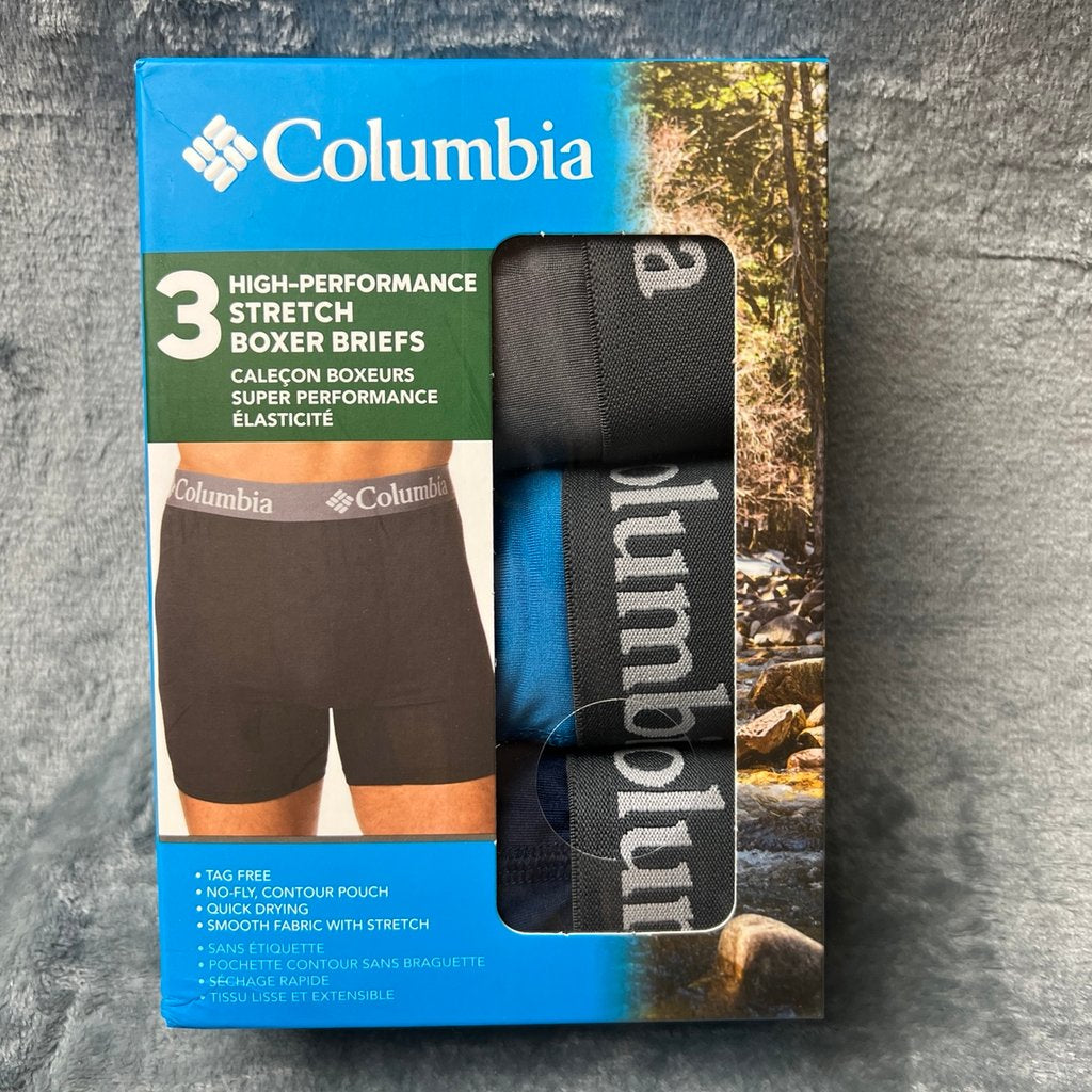 Combo de 3 Boxers Briefs Columbia 🔷 Tela de algodón stretch color celeste, azul y negro Talla S