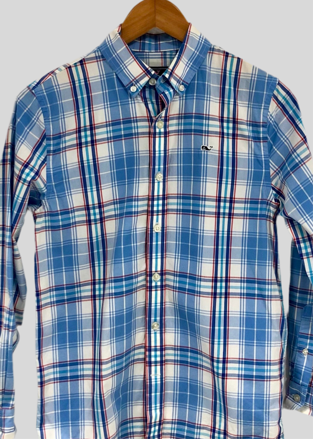 Camisa de niño Vineyard Vines 🐳 con patrón de cuadros en color azul, blanco y rojo Talla M (12-14) Entalle Regular
