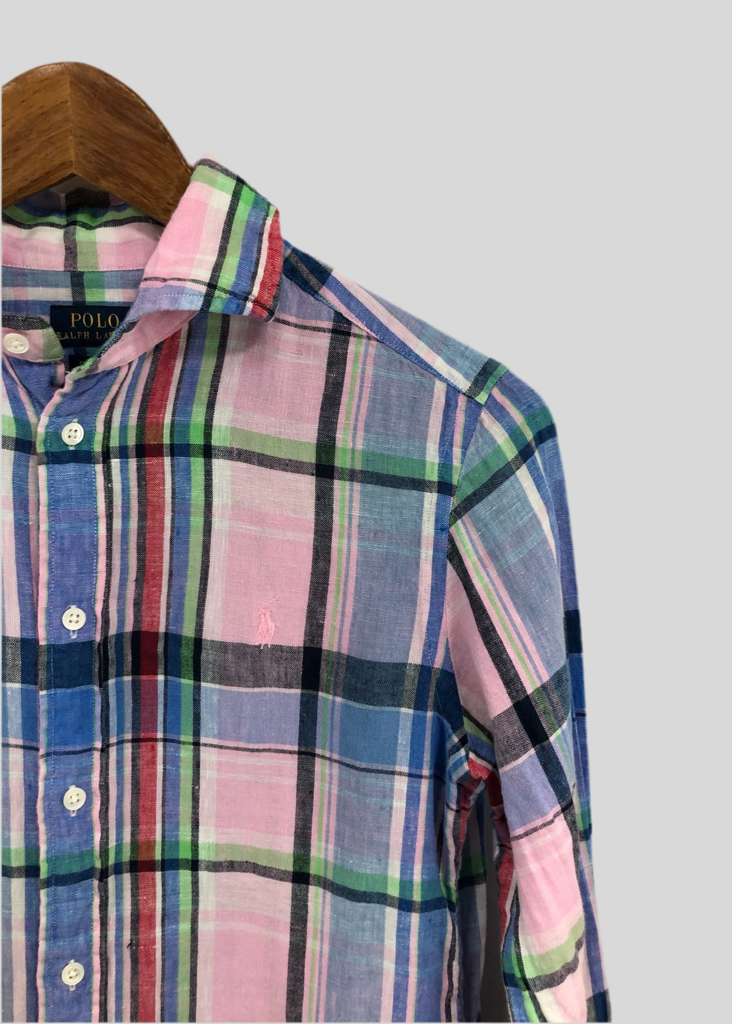 Camisa Polo Ralph Lauren 🏇🏼 de Lino con patron de cuadros tartán en color rosado, azul y verde Talla S Entalle Clásico