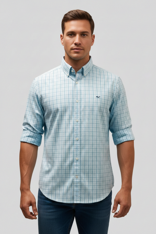 Camisa de botones Vineyard Vines 🐳 Color blanco de cuadros en color rosado, celeste y azul Talla L Entalle Regular
