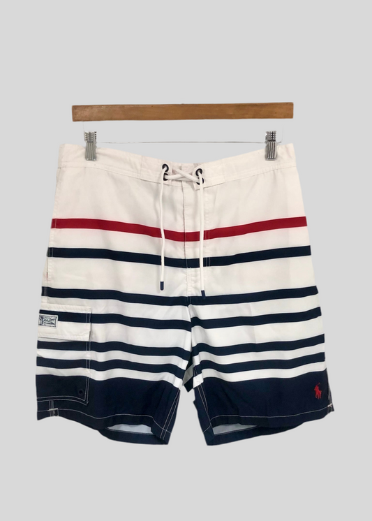 Short de baño Polo Ralph Lauren 🏇🏼 color blanco con rayas en color rojo y azul navy talla L (ver descripción)