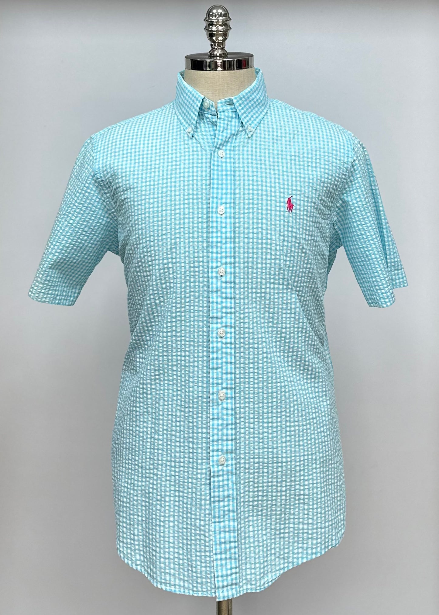 Camisa Polo Ralph Lauren 🏇🏼  Color blanco con patrón de cuadros en turquesa Seersucker Talla M Entalle Regular