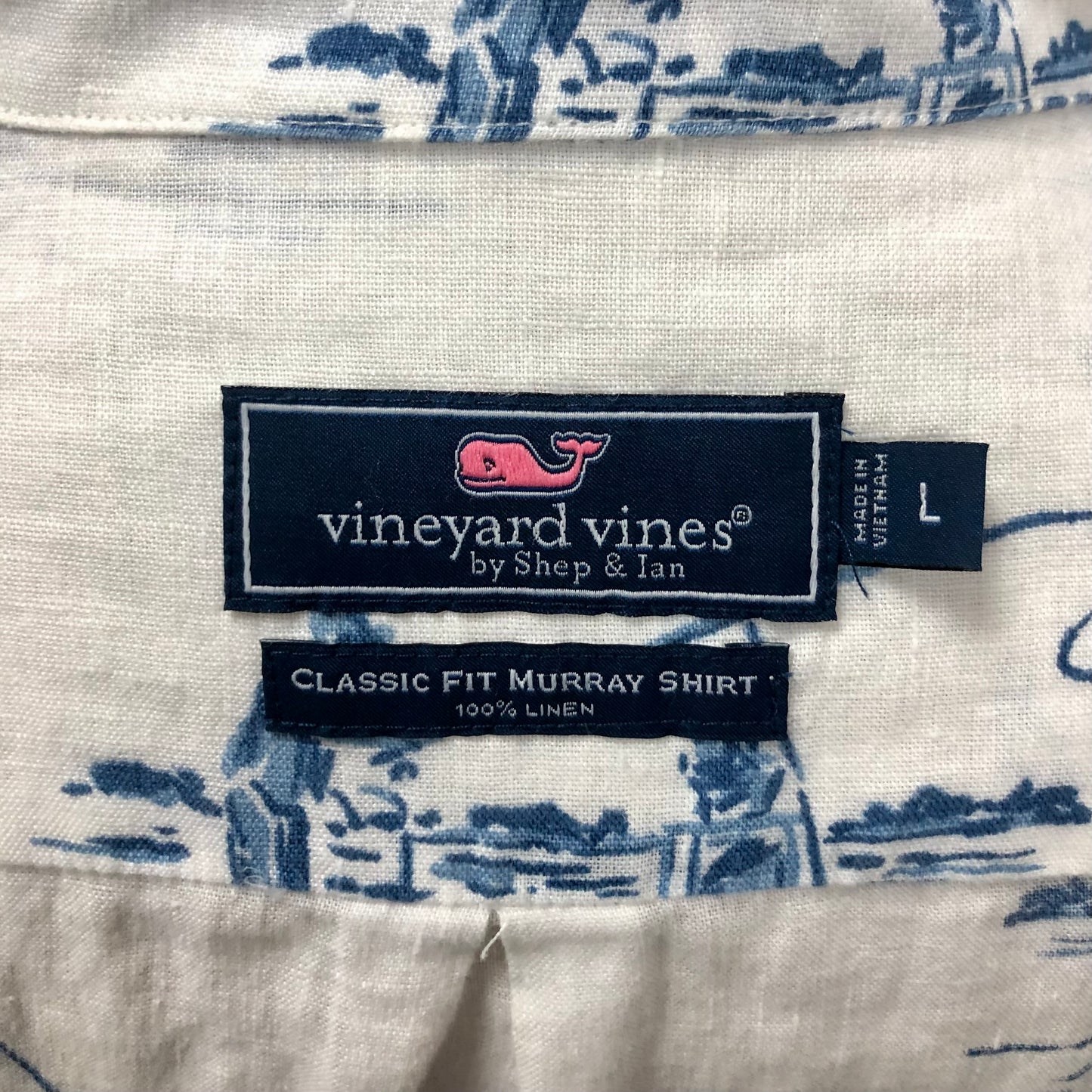Camisa de lino Vineyard Vines 🐳 color blanco con diseño de pesca en color azul Talla L Entalle Clásico
