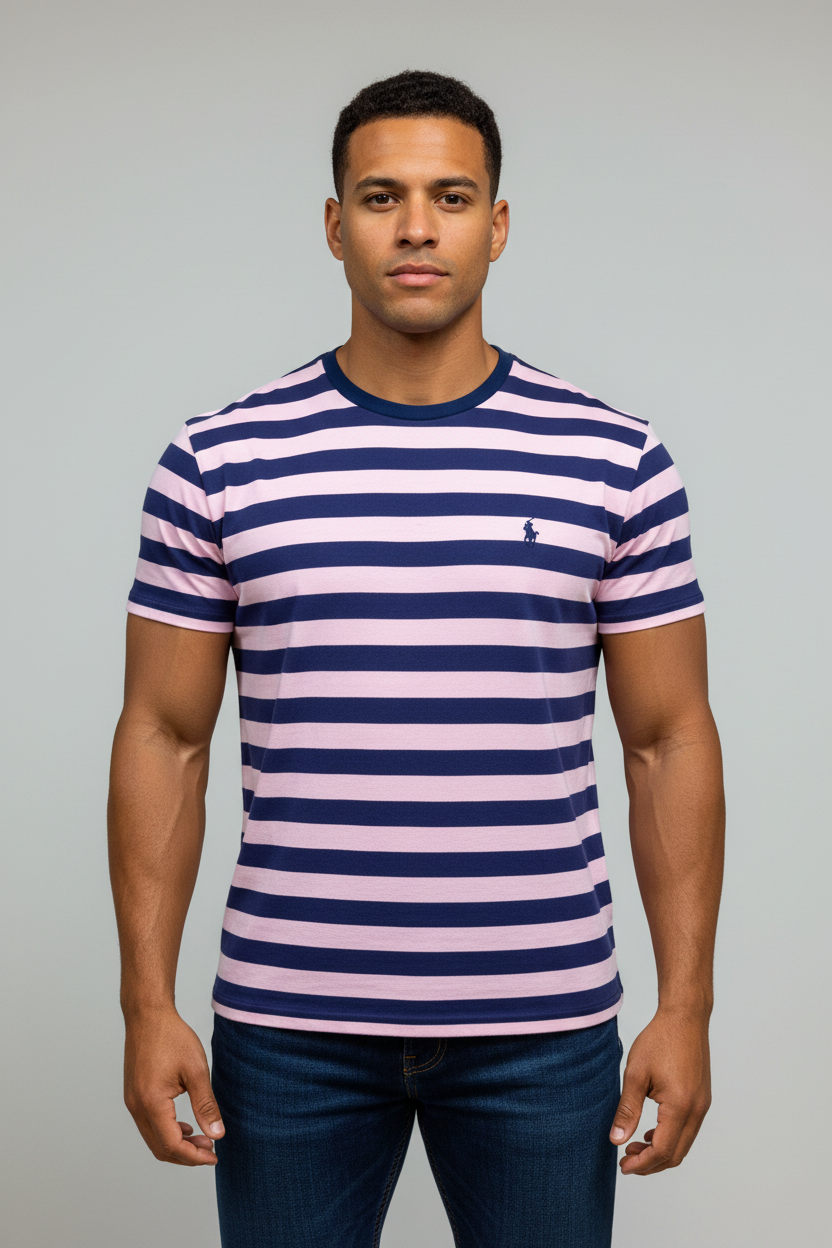 Camiseta cuello redondo Polo Ralph Lauren 🏇🏼 color rosado y rayas en color azul oscuro Talla M Entalle Clásico