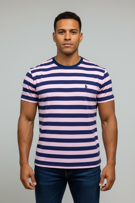 Camiseta cuello redondo Polo Ralph Lauren 🏇🏼 color rosado y rayas en color azul oscuro Talla M Entalle Clásico