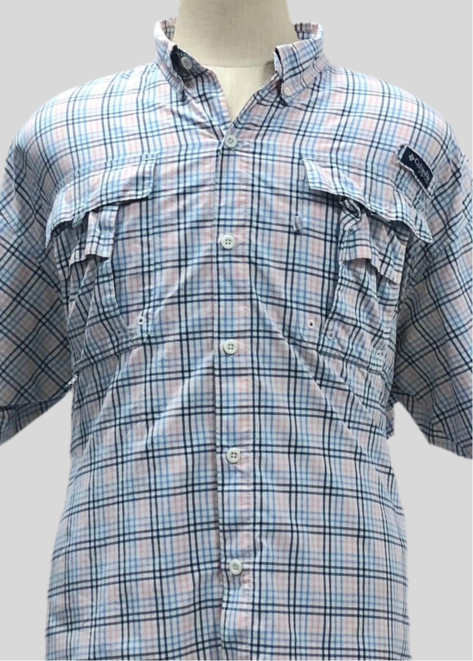 Camisa Columbia 🔹 Super Bahama Color blanco de cuadros en azul y rosado Talla XL (ver descripción)