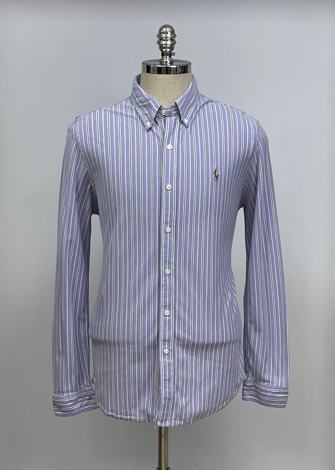 Camisa Polo Ralph Lauren 🏇🏼 Tela camiseta (Knit Oxford) de rayas en color morado, verde y blanco Talla XL Entalle Regular