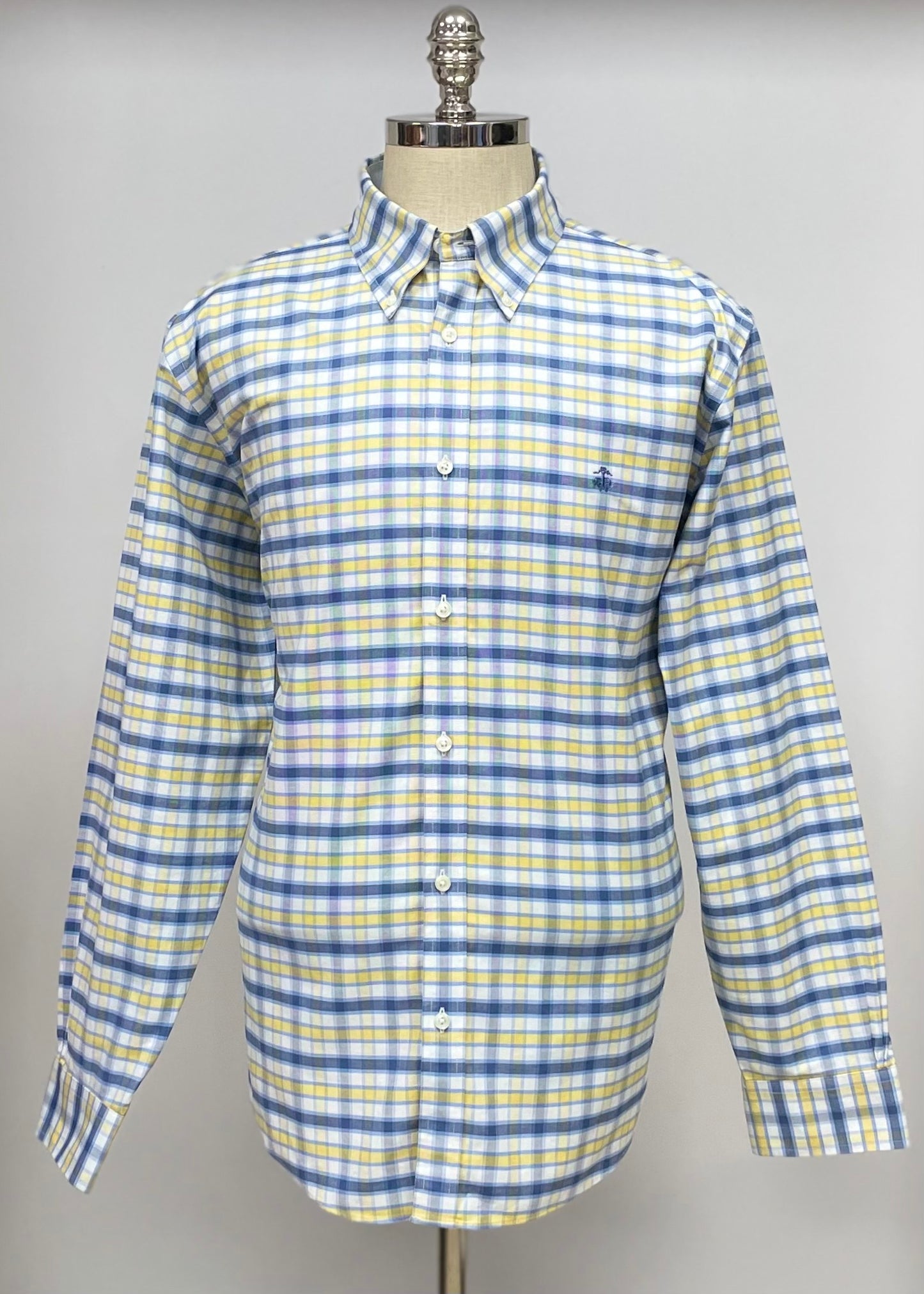 Camisa Brooks Brothers 🐑 color blanco con patrón de cuadros azul y amarillo Talla XL Entalle Regular