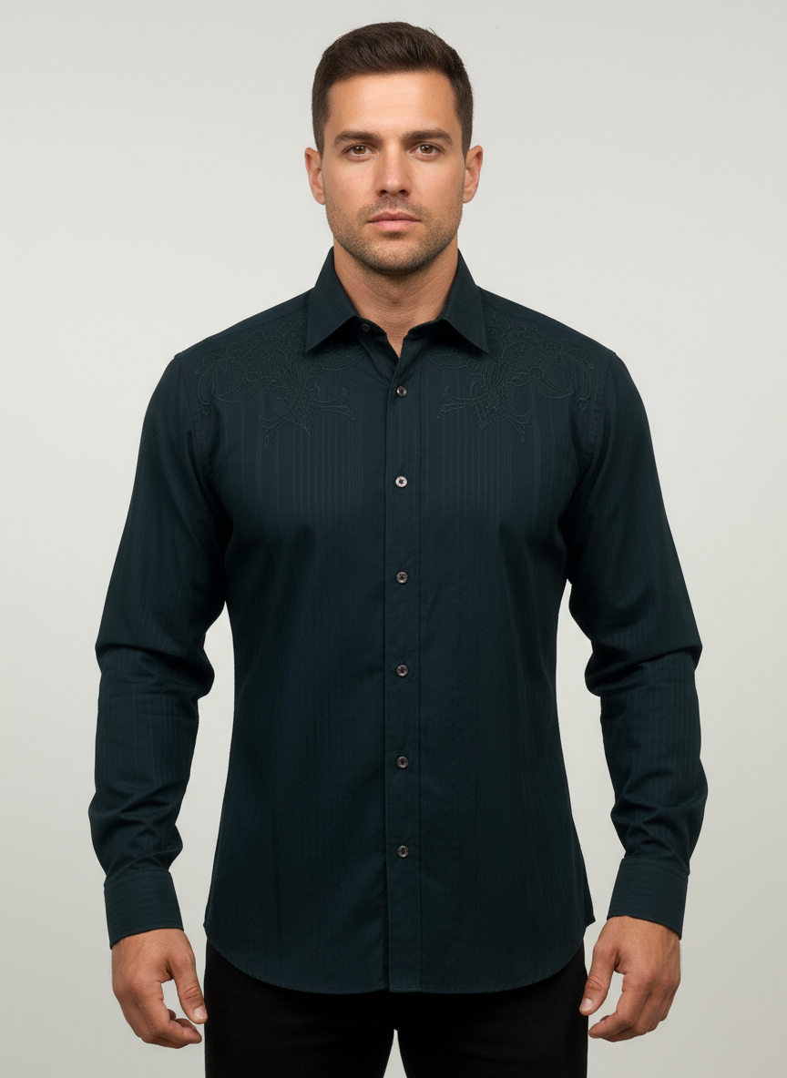 Camisa de botones Guess 🇺🇸 color negro con diseño tribal bordado Talla M Entalle Regular