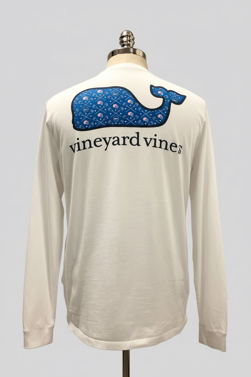 Camiseta cuello redondo Vineyard Vines 🐳 color blanco con Diseño de Lacrosse Talla M (ver descripción)