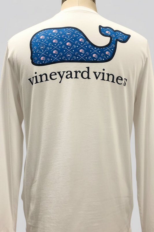 Camiseta cuello redondo Vineyard Vines 🐳 color blanco con Diseño de Lacrosse Talla M (ver descripción)