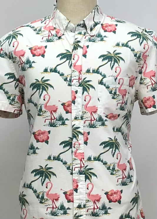 Camisa de botones J.Crew color blanco con diseño de palmeras 🏝 y Flamingo Talla L Entalle Regular