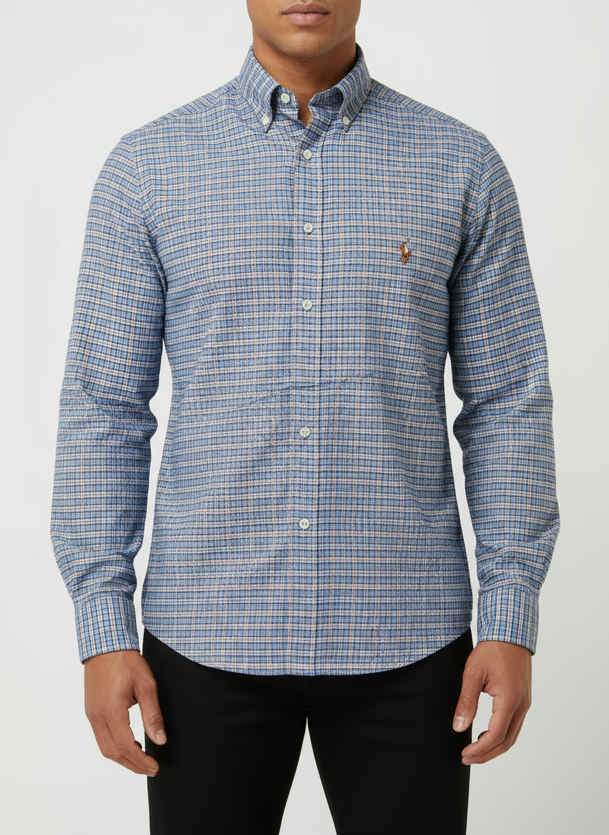 Camisa Polo Ralph Lauren 🏇🏼 Oxford color celeste con patron de cuadros en rojo y blanco Talla XL Entalle Regular