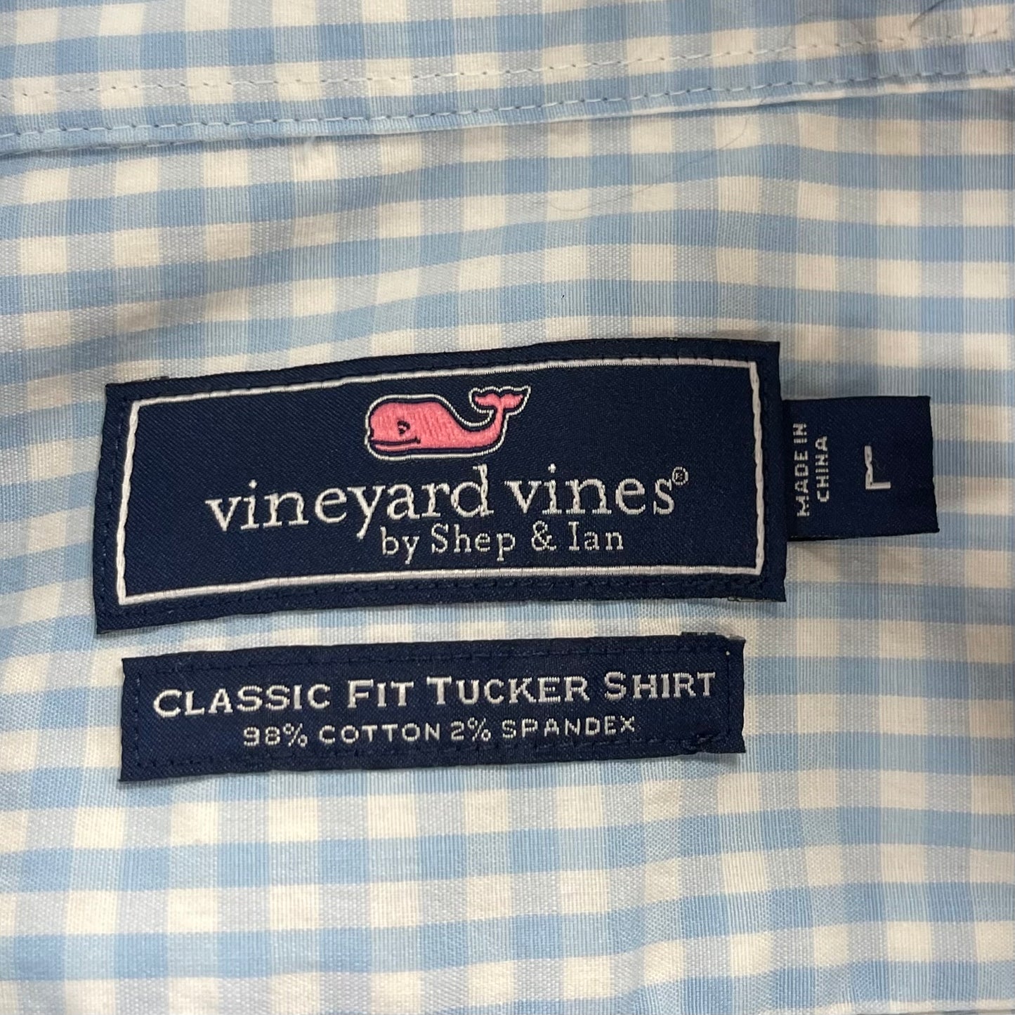 Camisa Vineyard Vines 🐳 de cuadros gingham en color celeste claro y blanco Talla L Entalle Clasico