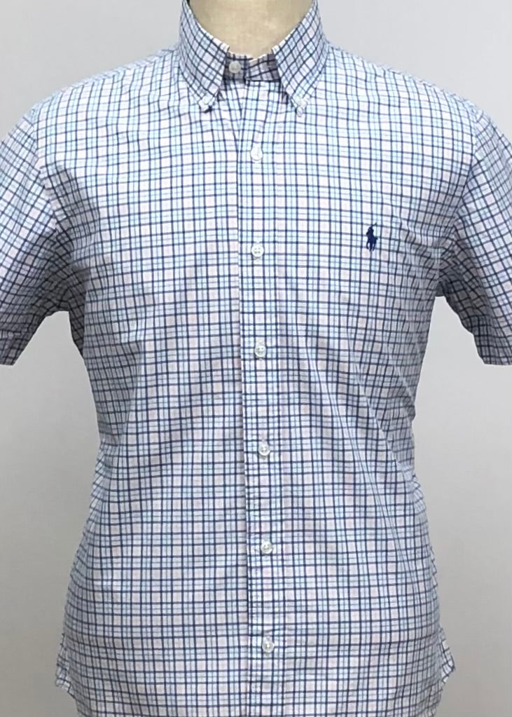 Camisa Polo Ralph Lauren 🏇🏼 color blanco con patrón de cuadros azul y rosado Talla L Entalle Regular