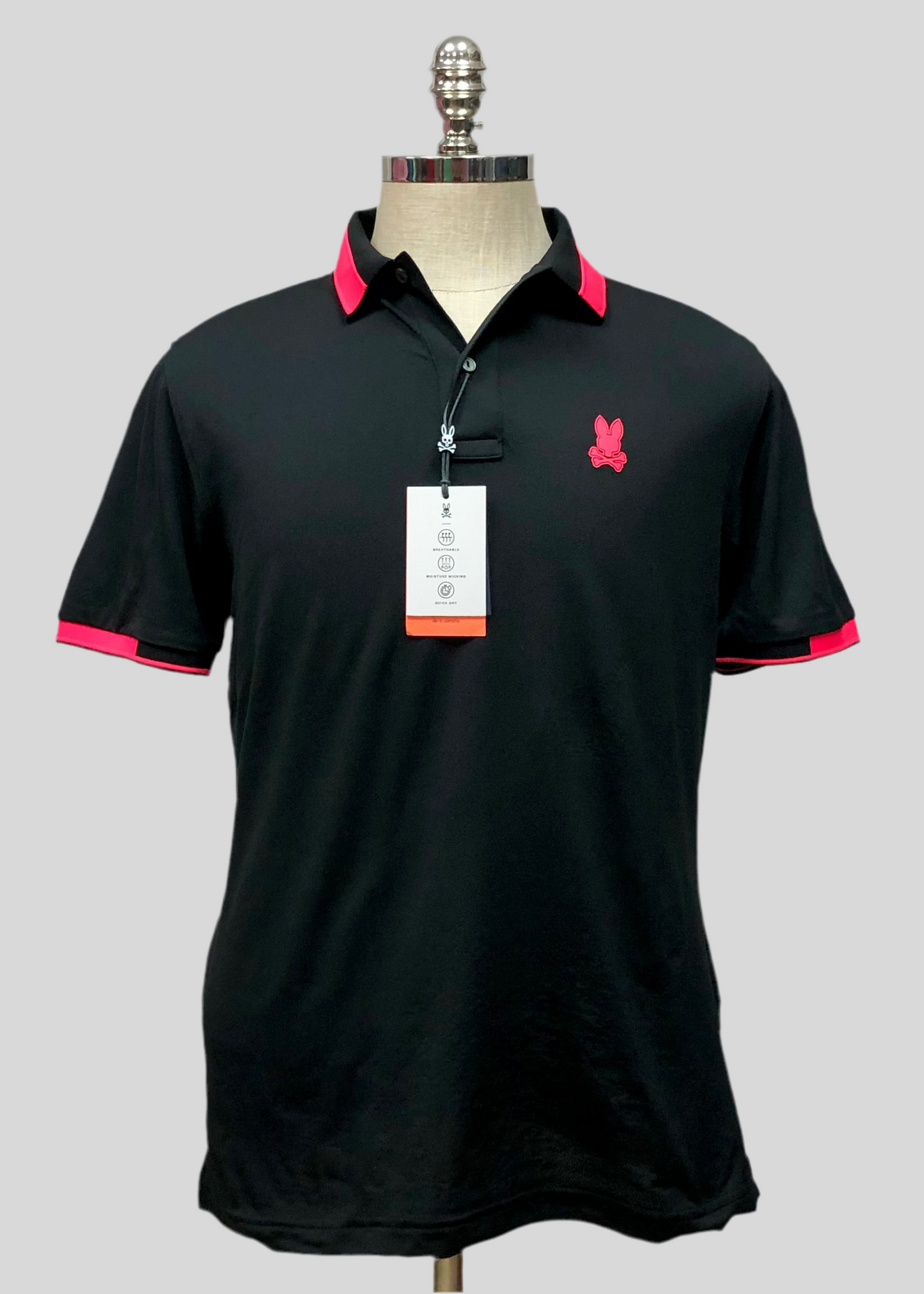 Camiseta Polo Psycho Bunny 🐰  Micro mesh en color negro y rosado con diseño de cuello Talla M Entalle Regular