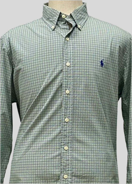 Camisa Polo Ralph Lauren 🏇🏼 Color blanco de cuadros en color verde y azul Talla XL Entalle Regular