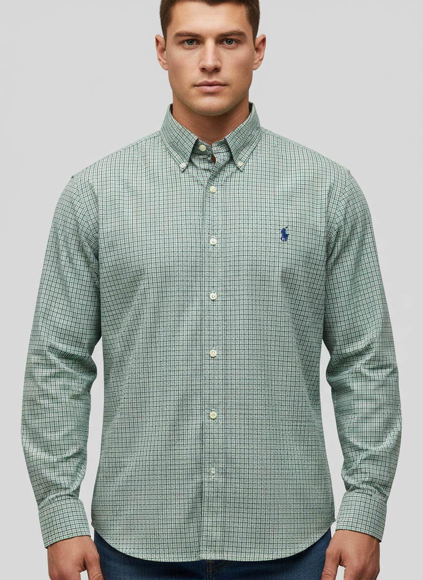 Camisa Polo Ralph Lauren 🏇🏼 Color blanco de cuadros en color verde y azul Talla XL Entalle Regular