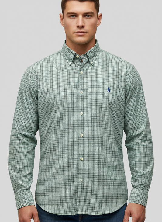 Camisa Polo Ralph Lauren 🏇🏼 Color blanco de cuadros en color verde y azul Talla XL Entalle Regular