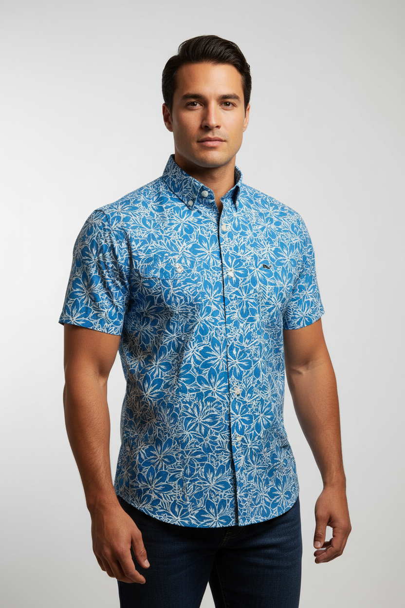 Camisa de botones Vineyard Vines 🐳 color azul con diseño de floral en blanco Talla L Entalle Regular